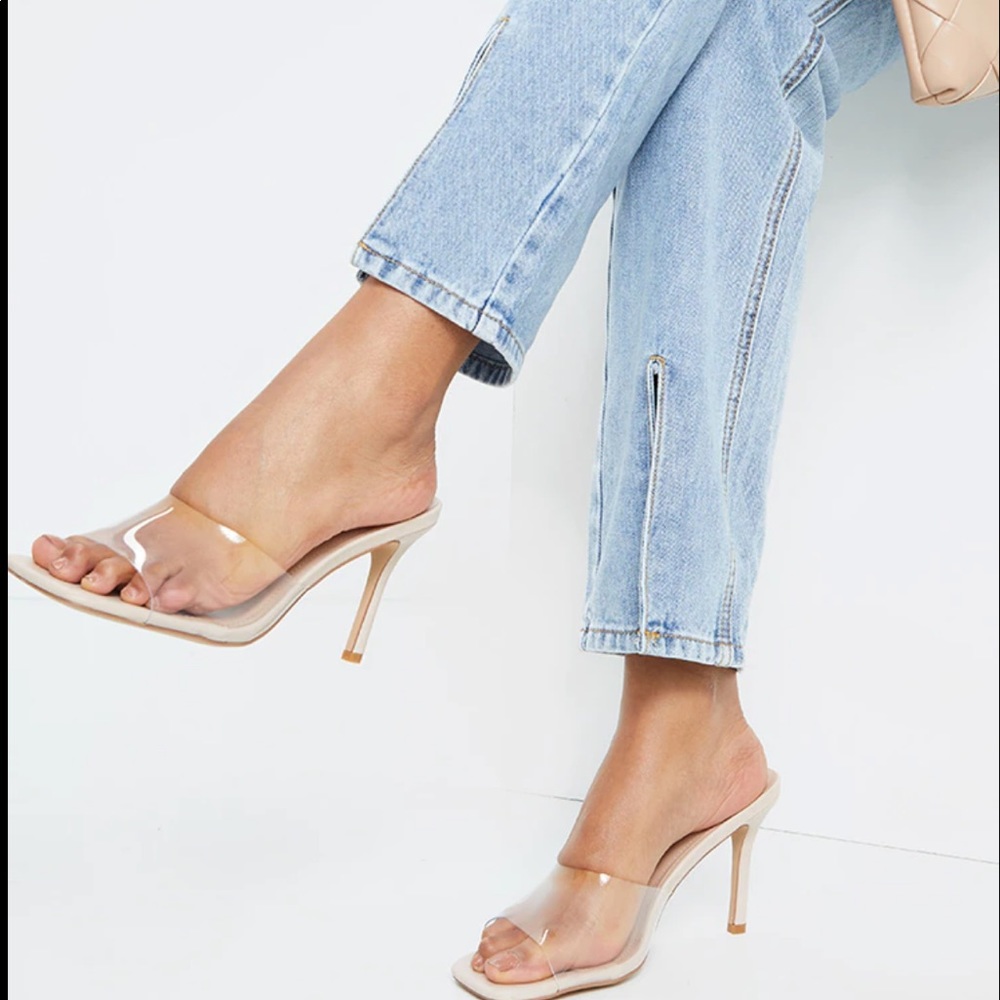 Nude Clear Strap Square Toe Mule Mid Heels